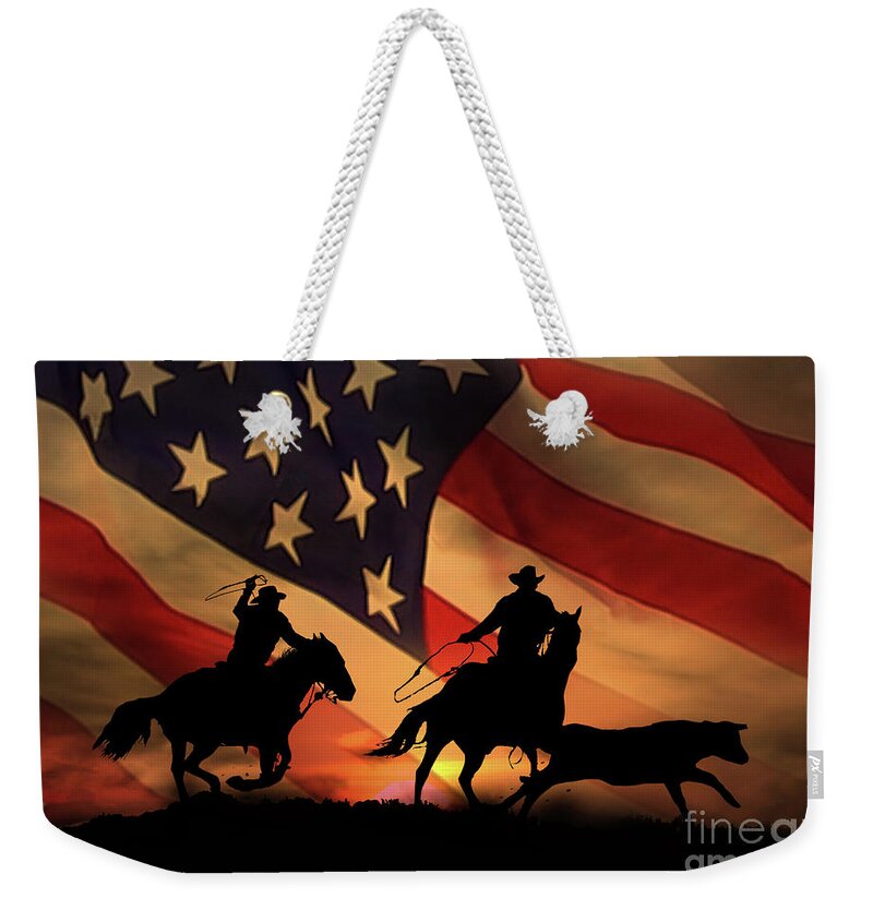 Western Weekender Tote Bag featuring the photograph American Cowboy, Team Ropers with American Flag by Stephanie Laird