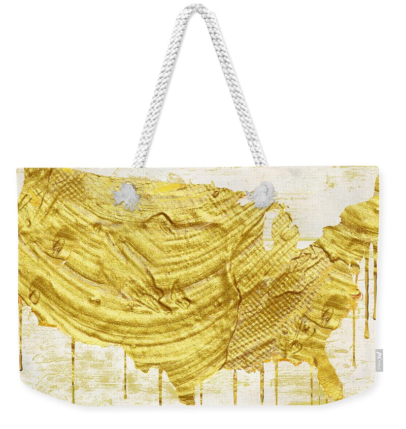 Usa Weekender Tote Bag featuring the painting Gold American Map by Mindy Sommers