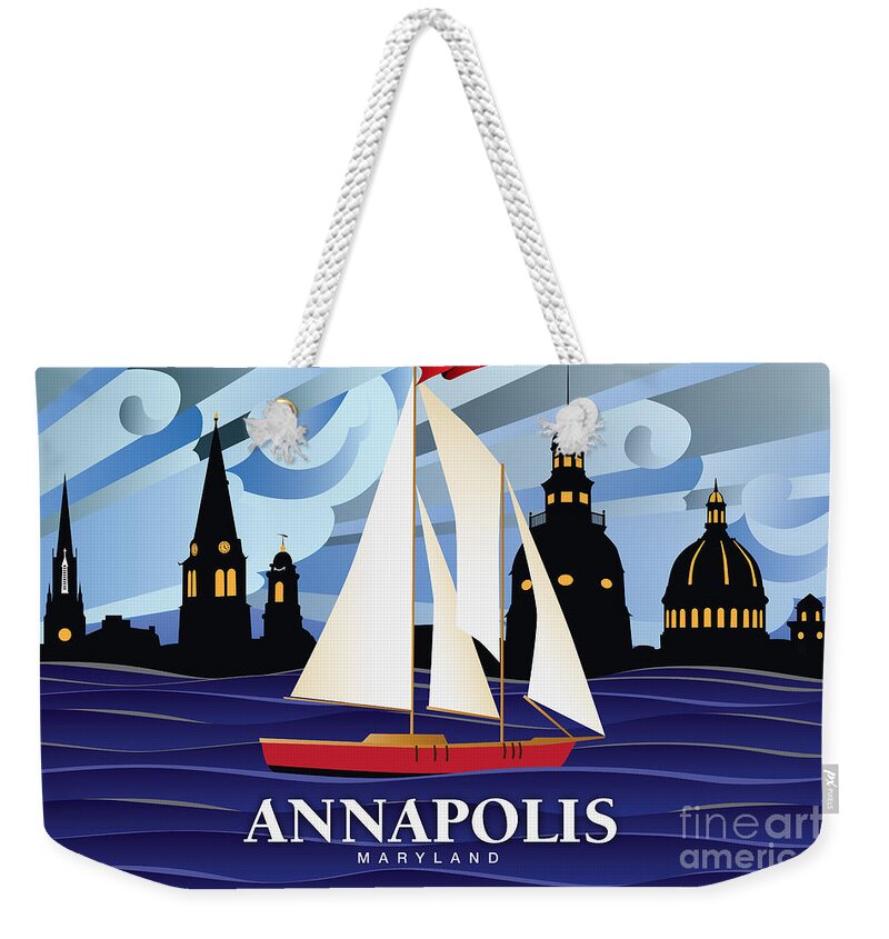 Annapolis Weekender Tote Bag featuring the digital art Annapolis Skyline Red sail boat #1 by Joe Barsin