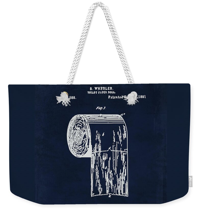 Bathroom Art Weekender Tote Bag featuring the painting Antique toilet paper roll blueprint patent illustration #1 by Tina Lavoie