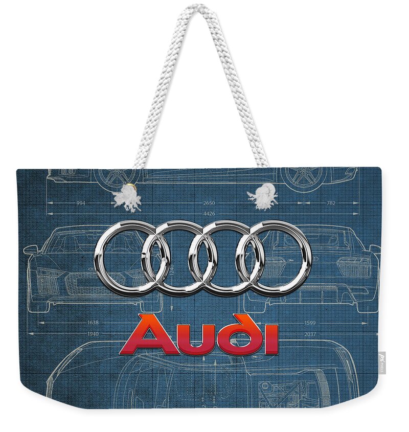  �wheels Of Fortune� Collection By Serge Averbukh Weekender Tote Bag featuring the photograph Audi 3 D Badge over 2016 Audi R 8 Blueprint by Serge Averbukh