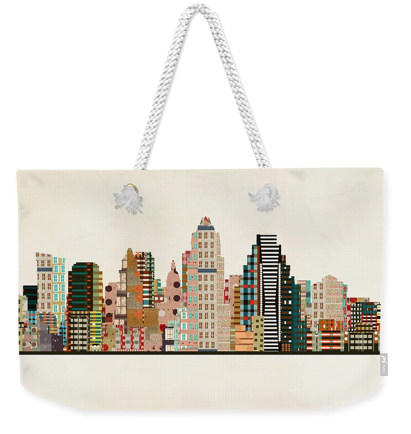 Austin Weekender Tote Bag featuring the painting Austin Texas Skyline by Bri Buckley