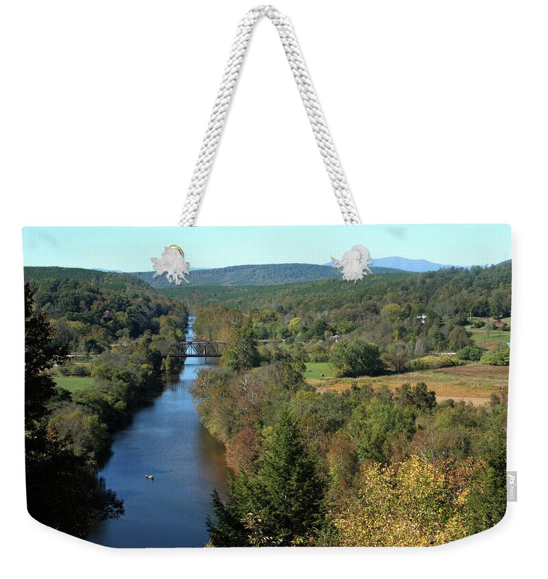 River Weekender Tote Bag featuring the photograph Autumn landscape with Tye River in Nelson County, Virginia #1 by Emanuel Tanjala