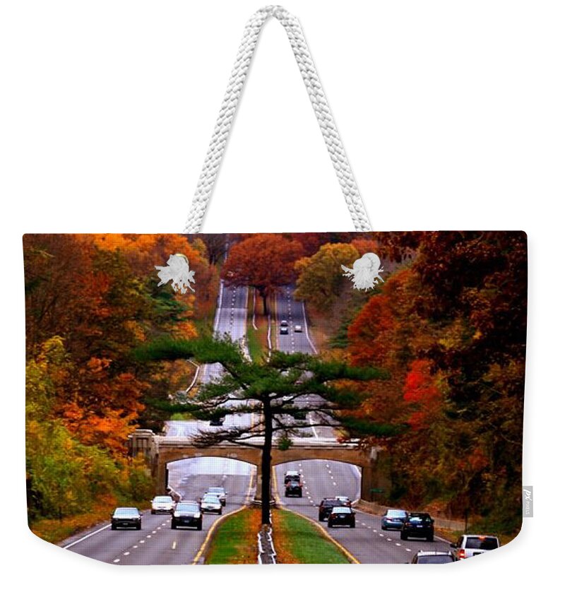 Parkways Weekender Tote Bag featuring the photograph Autumn on the Merritt #2 by Xine Segalas