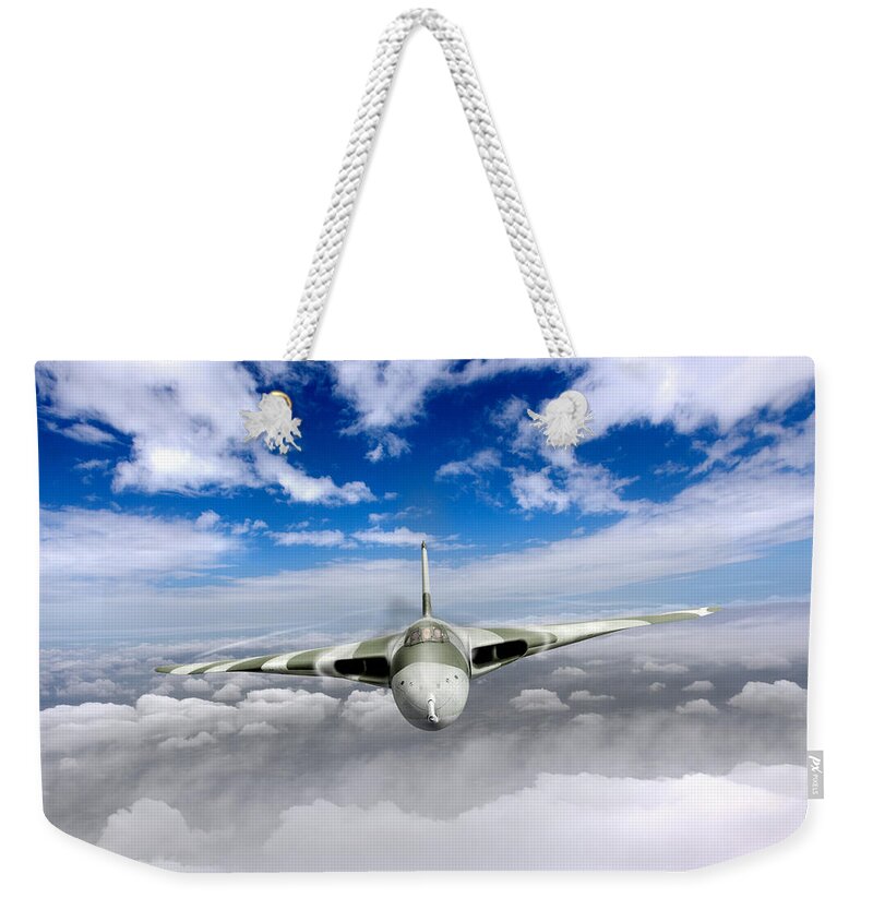 Avro Vulcan Weekender Tote Bag featuring the digital art Avro Vulcan head on above clouds #1 by Gary Eason