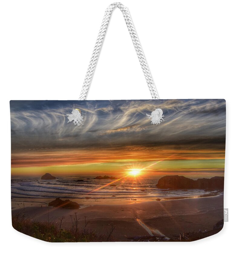 Bandon-oregon Weekender Tote Bag featuring the photograph Bandon Sunset #1 by Bonnie Bruno