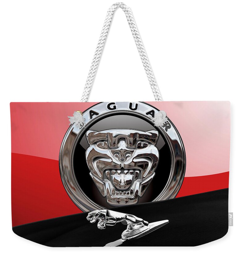 'auto Badges' Collection By Serge Averbukh Weekender Tote Bag featuring the photograph Black Jaguar - Hood Ornaments and 3 D Badge on Red by Serge Averbukh