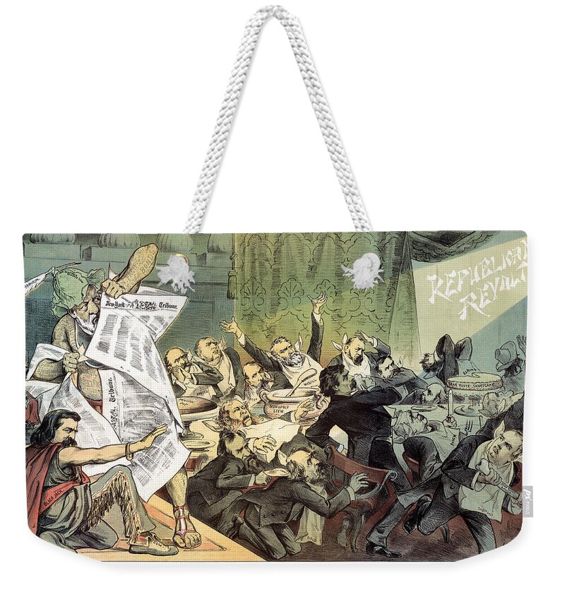 1884 Weekender Tote Bag featuring the photograph Blaine Cartoon, 1884 #1 by Granger