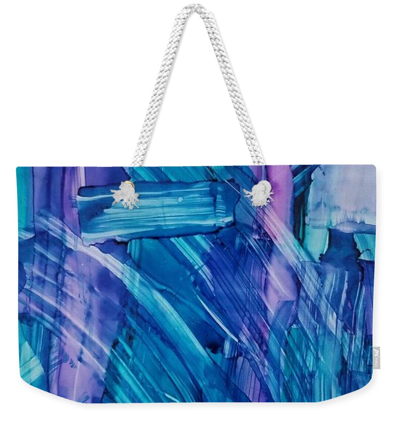 Alcohol Ink Abstract On Yupo Weekender Tote Bag featuring the painting Blues #1 by Donna Perry