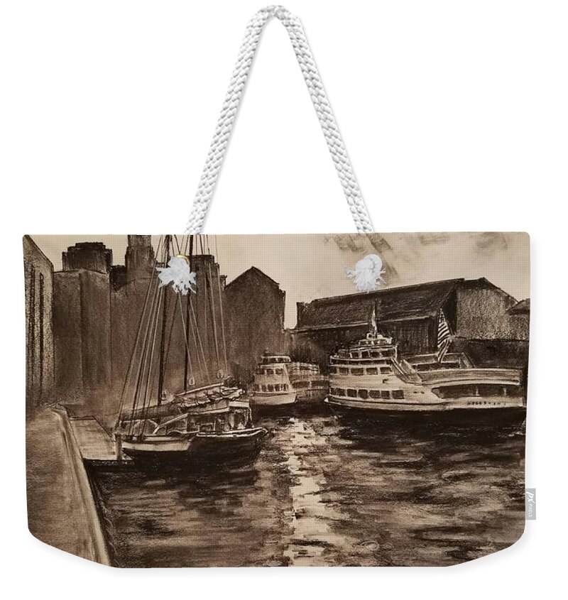 Boston Harbor Weekender Tote Bag featuring the drawing Boston Harbor #1 by Rose Wang