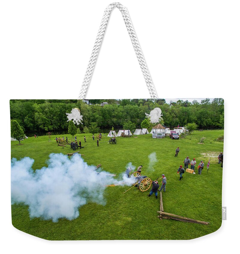 Cannon Weekender Tote Bag featuring the photograph Cannon Fire #1 by Star City SkyCams