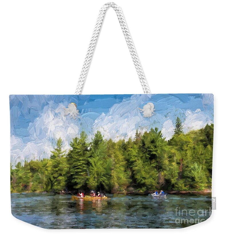 Canoe Weekender Tote Bag featuring the photograph Canoe paddling in Algonquin Park #2 by Les Palenik