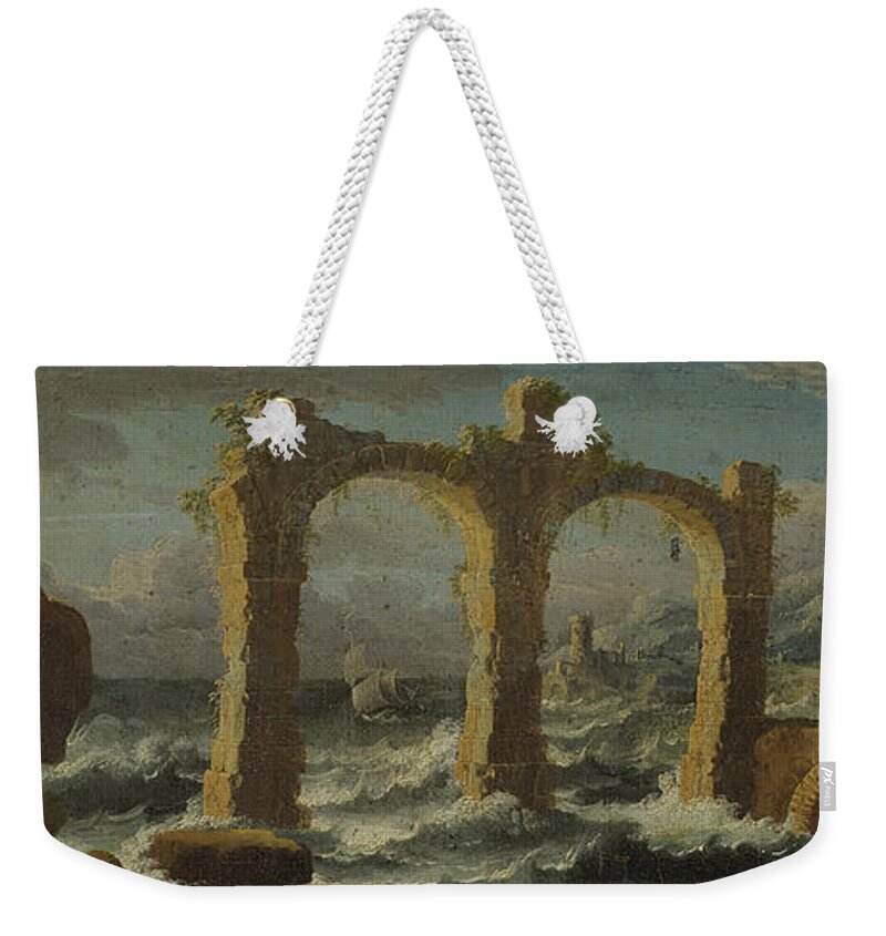 Leonardo Coccorante Napoli 1680 � 1750 Weekender Tote Bag featuring the painting Capriccio with a storm on the sea by MotionAge Designs
