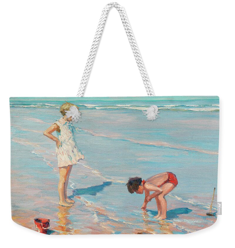 Beach Weekender Tote Bag featuring the painting Children on the beach #1 by Charles Garabed Atamian