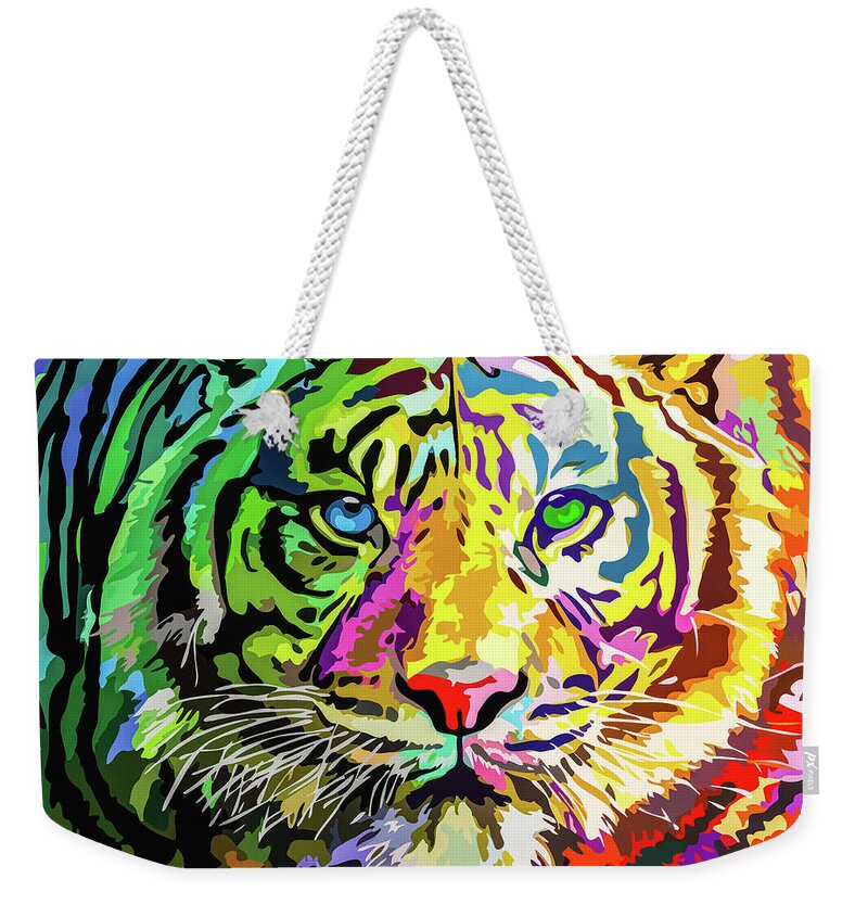 Feline Weekender Tote Bag featuring the painting Colorful Tiger #2 by Anthony Mwangi