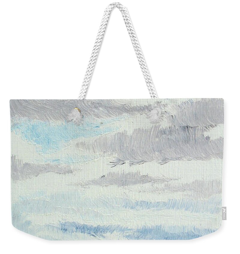 Landscape Weekender Tote Bag featuring the painting dagrar over salenfjallen- Shifting daylight over mountain ridges, 9 of 12_0026_35x60 cm by Marica Ohlsson