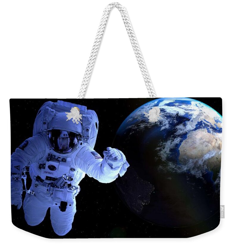 Globe Weekender Tote Bag featuring the painting Earth and Astraunot selfie #1 by Celestial Images