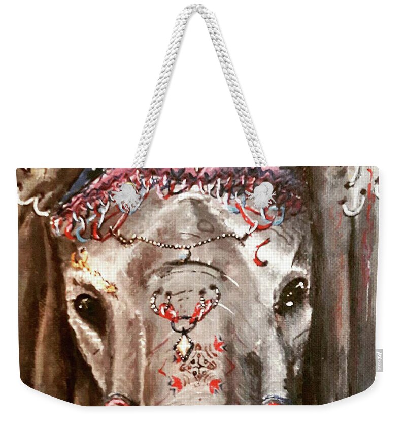 Jewelery Weekender Tote Bag featuring the painting Elephant in Jewelry by Medea Ioseliani