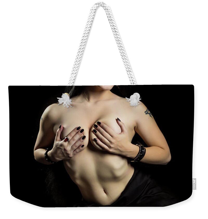 Implied Nude Weekender Tote Bag featuring the photograph Elvira tribute #1 by La Bella Vita Boudoir
