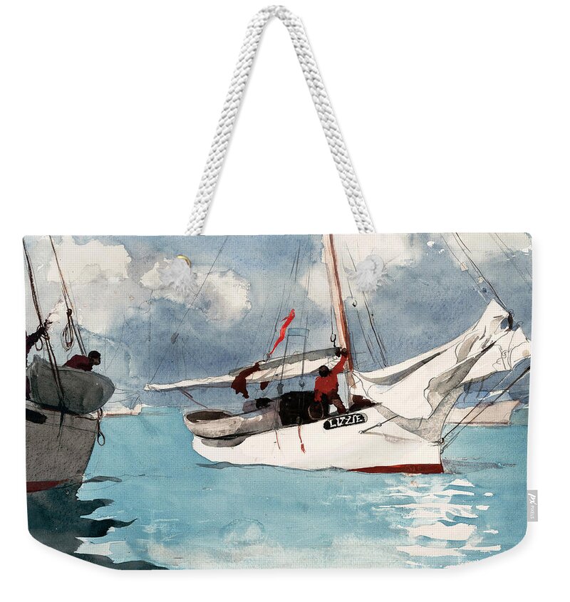 Winslow Homer Weekender Tote Bag featuring the drawing Fishing Boats. Key West #3 by Winslow Homer