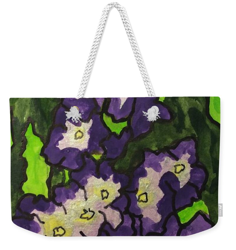 Prurple Flower Weekender Tote Bag featuring the painting Flower Four #1 by Erika Jean Chamberlin