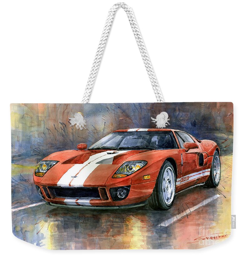 Watercolor Weekender Tote Bag featuring the painting Ford GT 40 2006 by Yuriy Shevchuk
