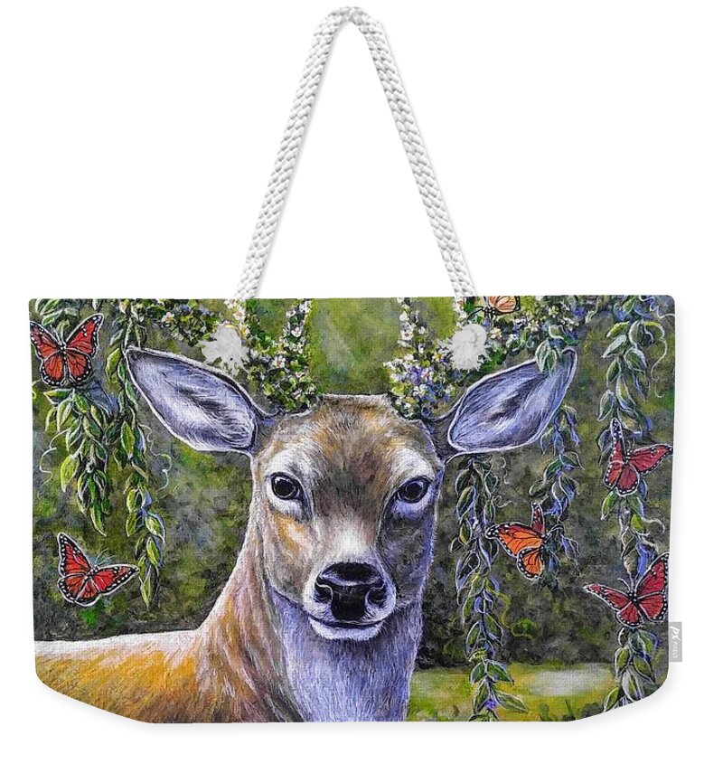 Deer Stag Forest Nature Butterfly Weekender Tote Bag featuring the painting Forest Monarch #1 by Gail Butler