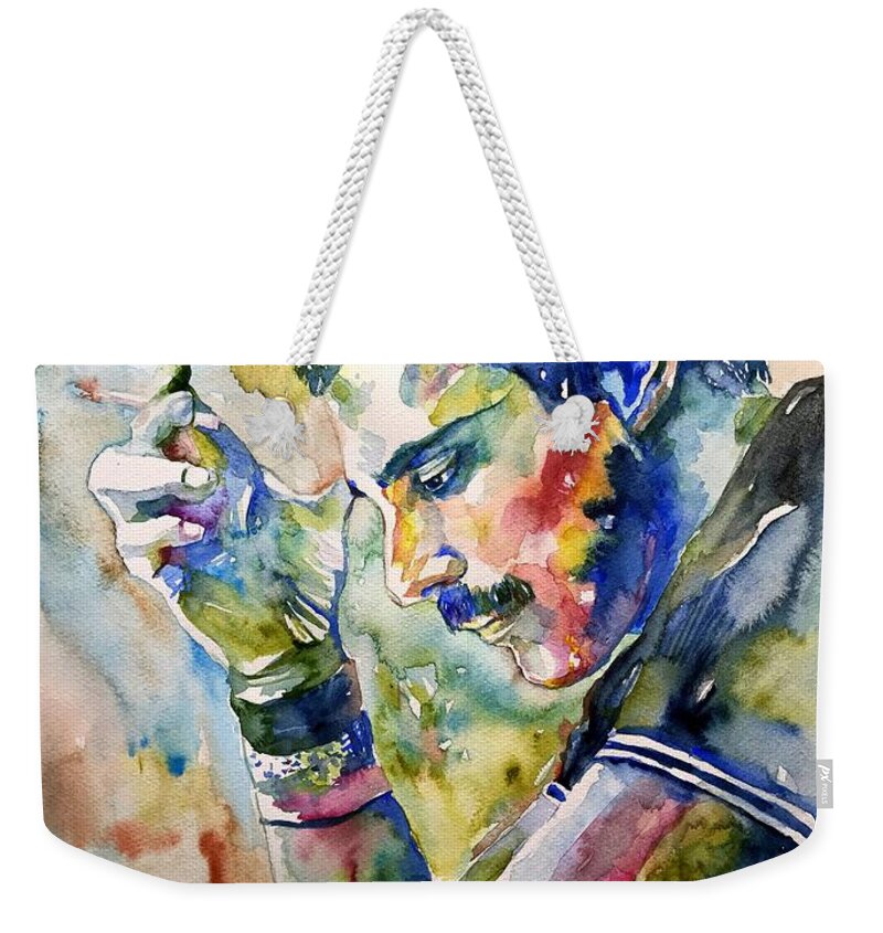 Freddie Weekender Tote Bag featuring the painting Freddie Mercury watercolor by Suzann Sines