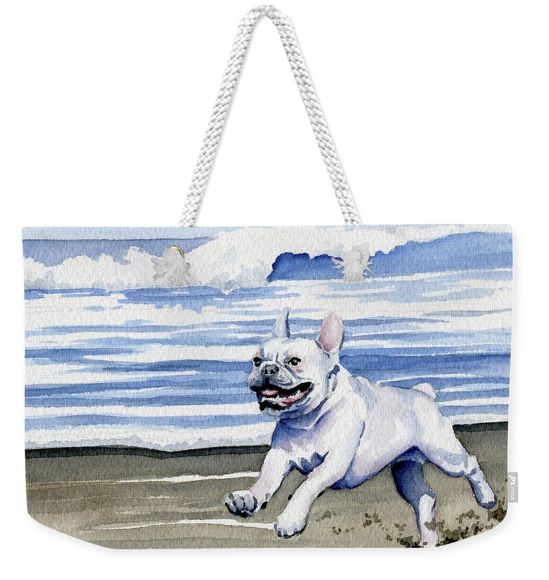 French Weekender Tote Bag featuring the painting French Bulldog at the Beach by David Rogers