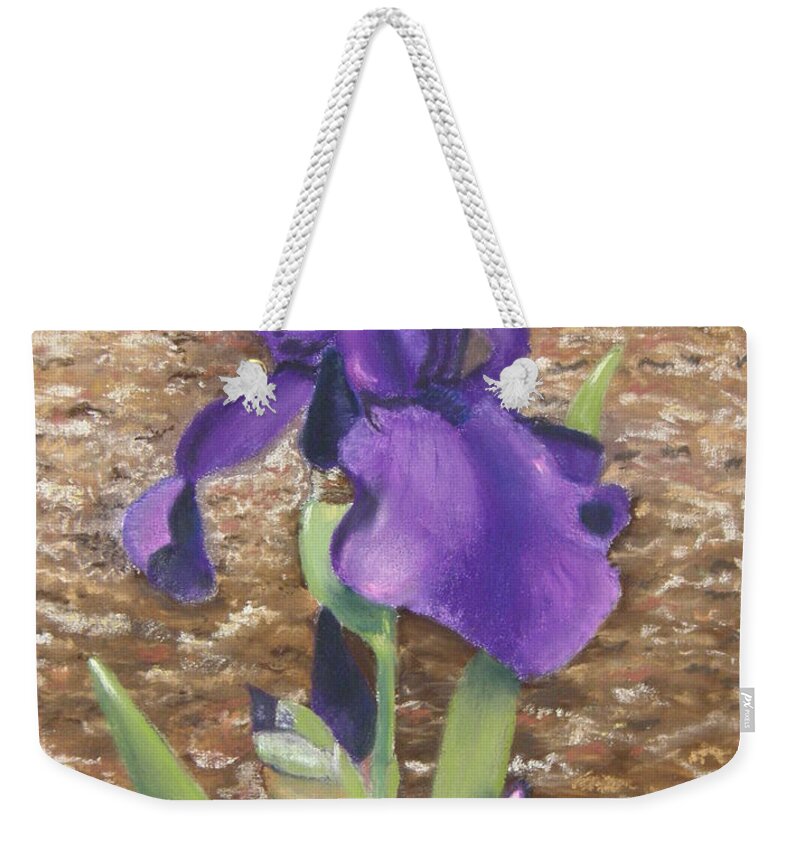 Purple Weekender Tote Bag featuring the pastel Garden Iris by Carol Corliss