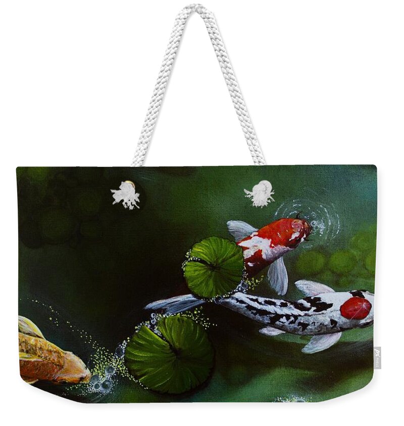 Koi Weekender Tote Bag featuring the painting Gathering in Light #1 by Vivian Casey Fine Art