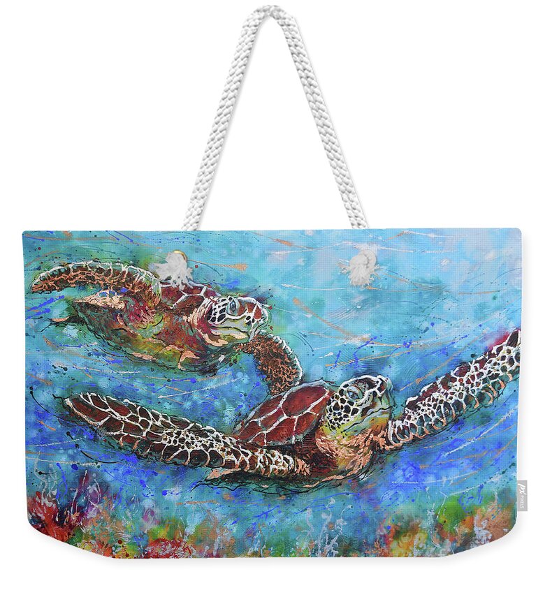 Marine Turtles Weekender Tote Bag featuring the painting Gliding Turtles by Jyotika Shroff