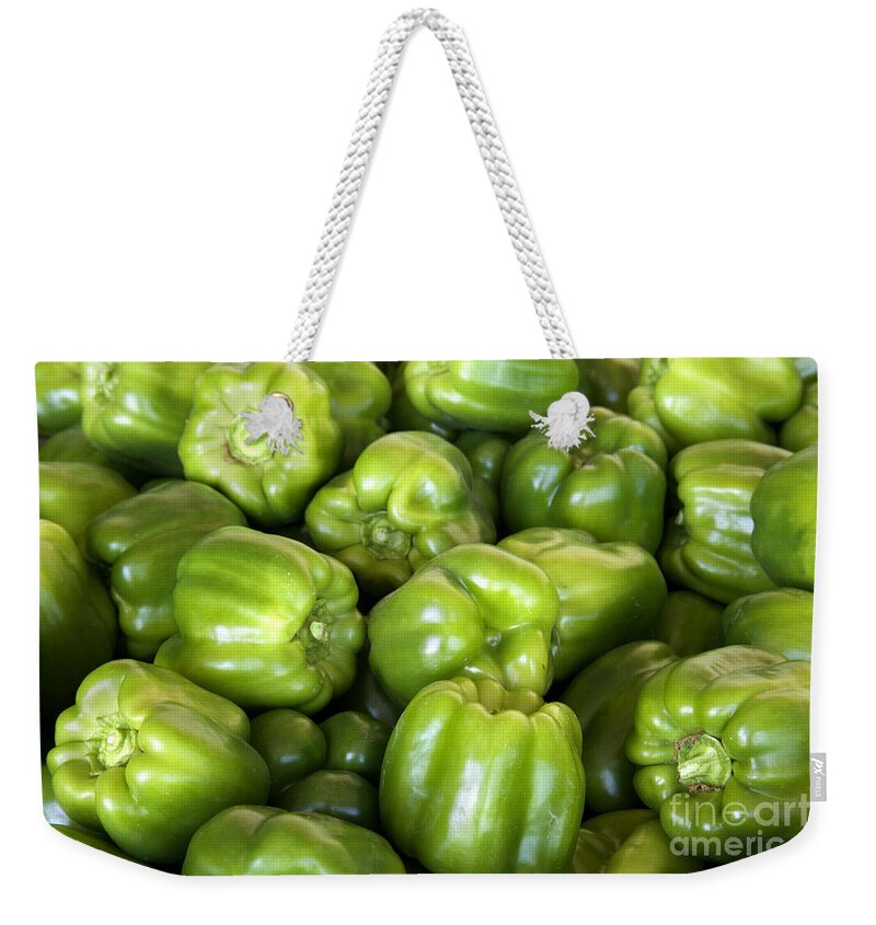 Sweet Bell Peppers Weekender Tote Bag featuring the photograph Green Bell Peppers #1 by Inga Spence