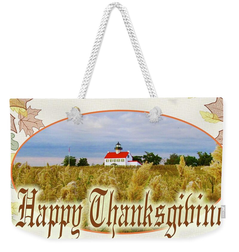 East Point Lighthouse Weekender Tote Bag featuring the mixed media Happy Thanksgiving #1 by Nancy Patterson
