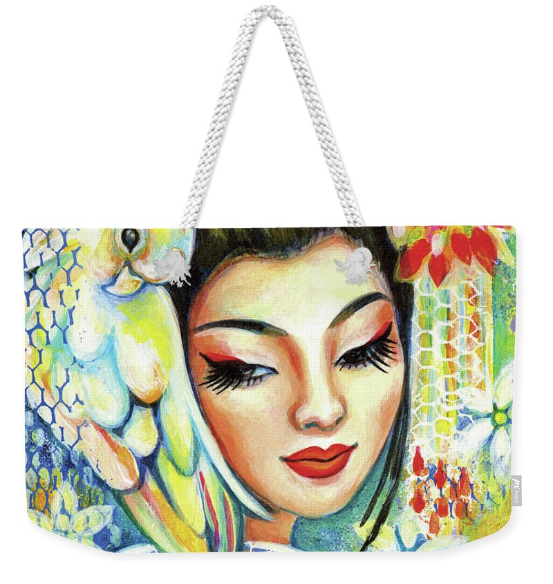 Woman And Parrot Weekender Tote Bag featuring the painting Harmony by Eva Campbell