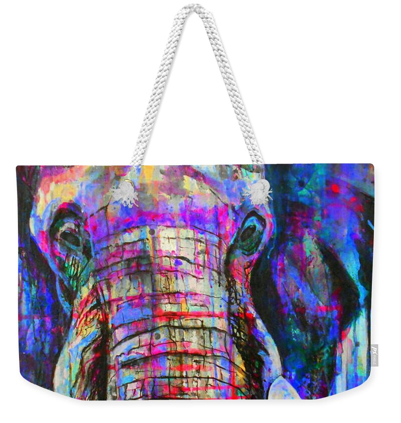 Elephant Weekender Tote Bag featuring the painting Herculean detail #1 by Angie Wright