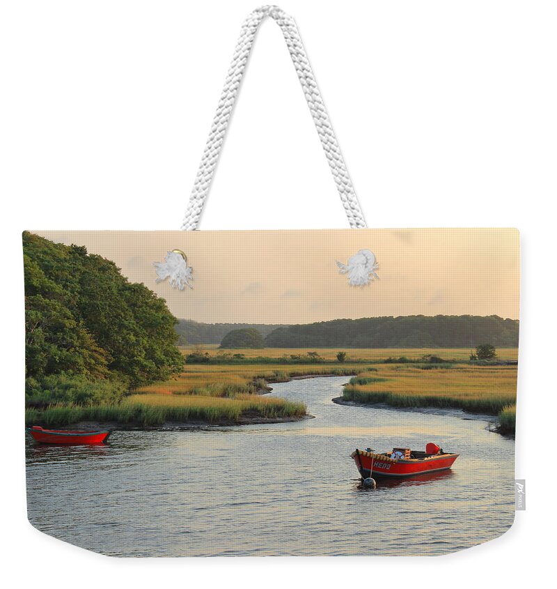 Harwich Weekender Tote Bag featuring the photograph Herring River and Red Boats Cape Cod #1 by John Burk