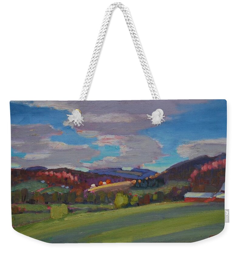 Red Barns Weekender Tote Bag featuring the painting Hills Of Upstate New York #1 by Len Stomski