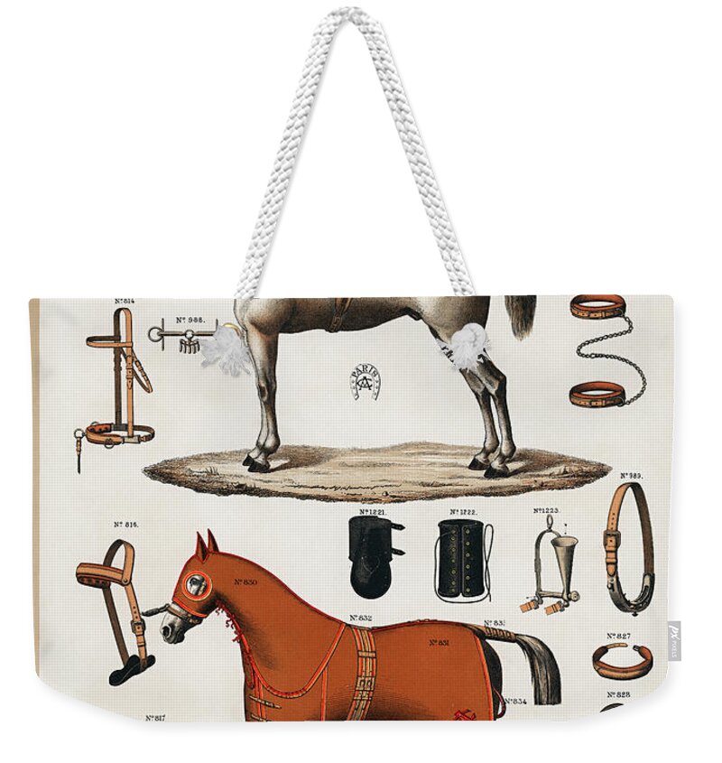 Accessory Weekender Tote Bag featuring the drawing Horses with antique horseback riding equipments by Vincent Monozlay