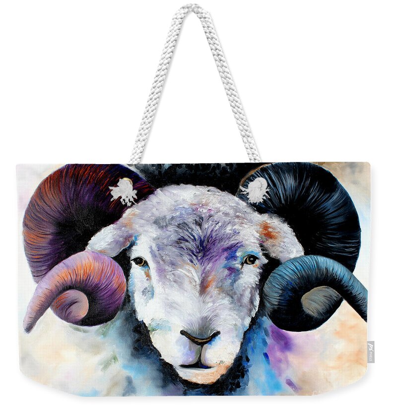 Ram Weekender Tote Bag featuring the painting Idaho longhorn sheep head #1 by Pechez Sepehri