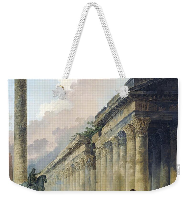 Hubert Robert Weekender Tote Bag featuring the painting Imaginary View of Rome with Equestrian Statue of Marcus Aurelius, the Column of Trajan and a Temple by Hubert Robert