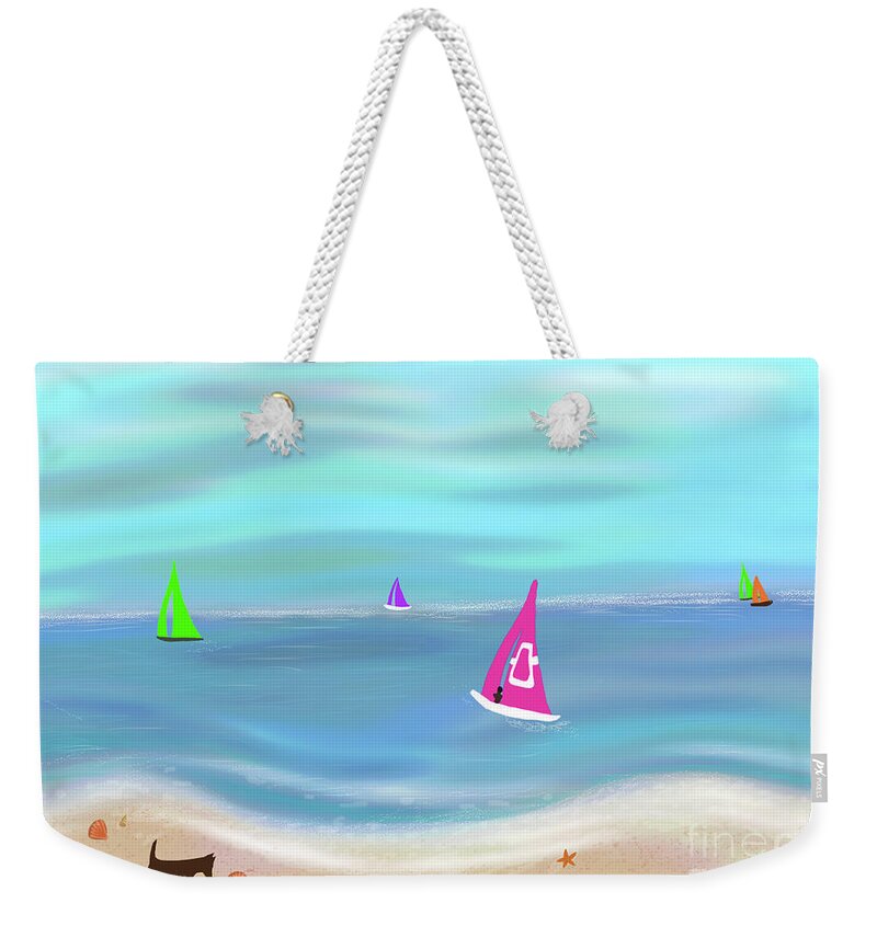 Pink Weekender Tote Bag featuring the painting In the Pink - Sailing in Tropical Waters by Barefoot Bodeez Art