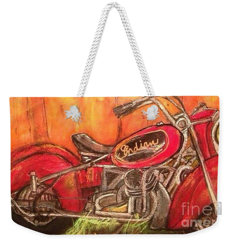 Indian Motorcycle Weekender Tote Bag featuring the painting Indian Summer #1 by Sherry Harradence