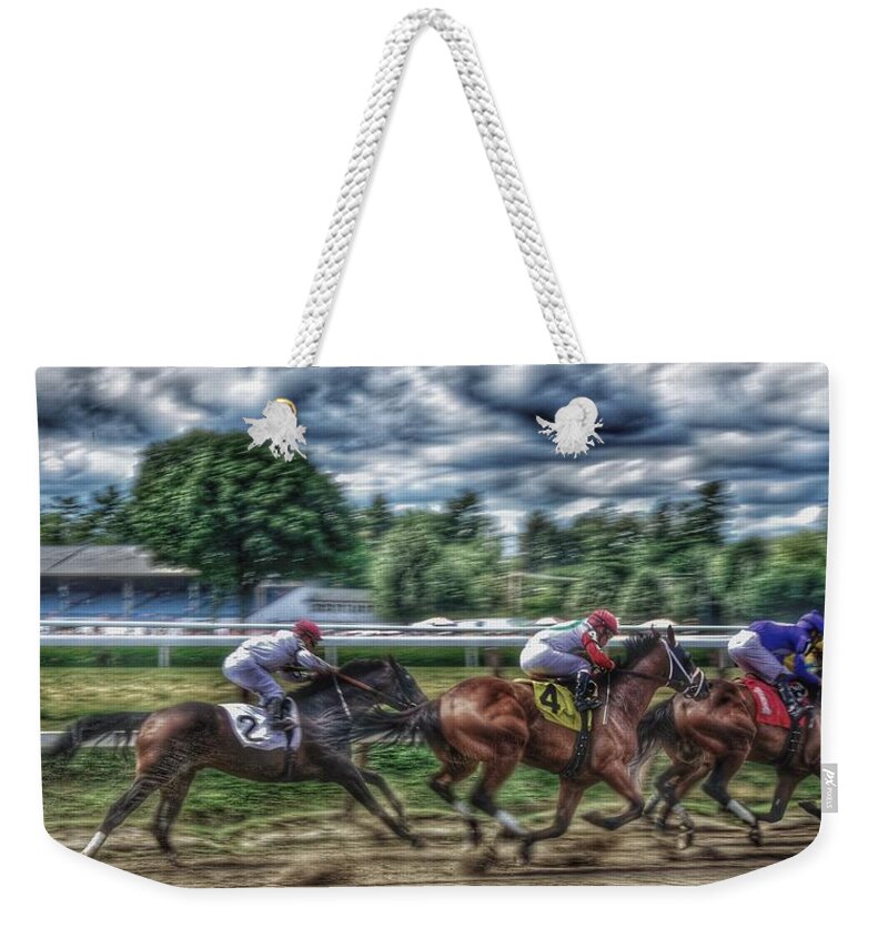 Race Horses Weekender Tote Bag featuring the photograph Intensity #1 by Jeffrey PERKINS