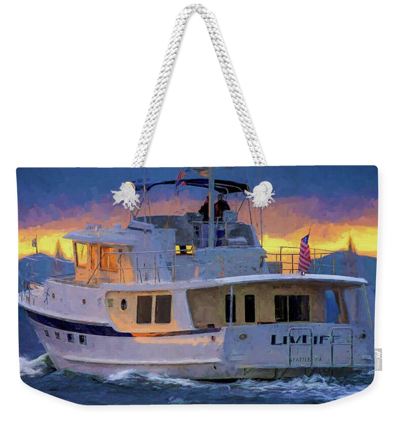 Yacht Weekender Tote Bag featuring the painting Kadey Krogen Yacht #2 by Mike Penney