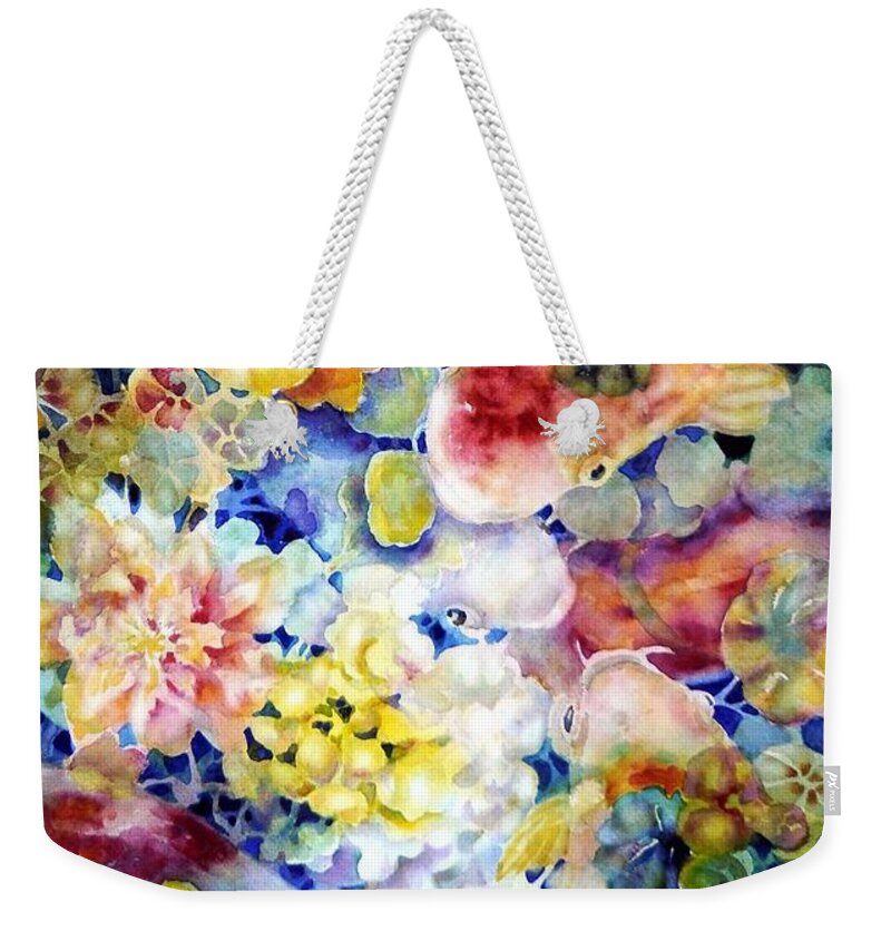 Watercolor Weekender Tote Bag featuring the painting Koi Garden by Ann Nicholson