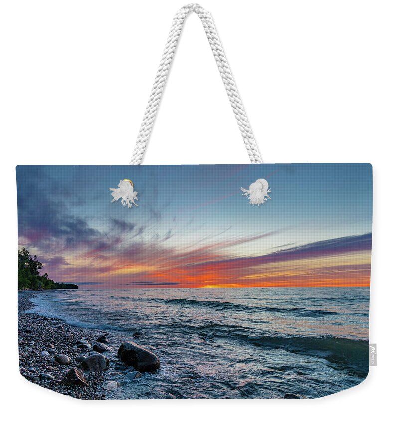 Au Sable Point Weekender Tote Bag featuring the photograph Lake Superior Sunset #1 by Gary McCormick