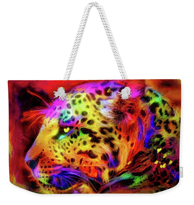 Leopard Weekender Tote Bag featuring the mixed media Leopard #1 by Lilia S