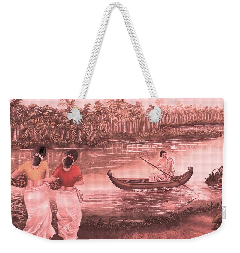 India Weekender Tote Bag featuring the painting Backwater tropical village Scene by Tara Krishna