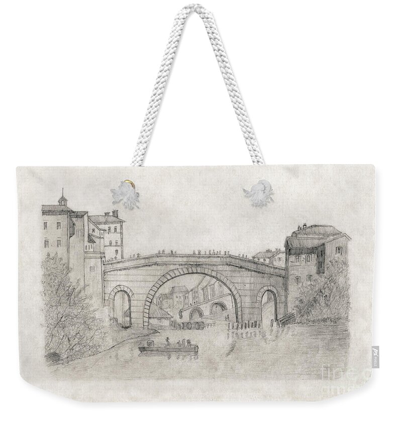 Liverpool Weekender Tote Bag featuring the drawing Liverpool Bridge #1 by Donna L Munro